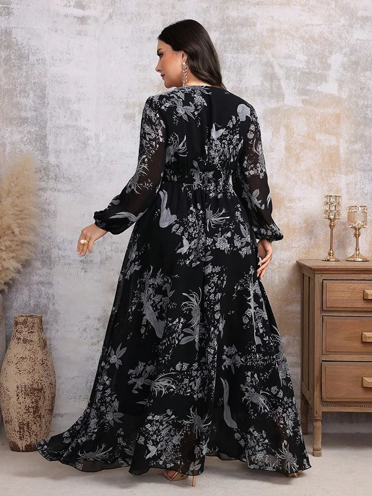 Women's Elegant Random Floral Printed Casual Plus Size Long Dresses With V-Neck Lace Mesh Suitable For Female Party and Evening Dresses
