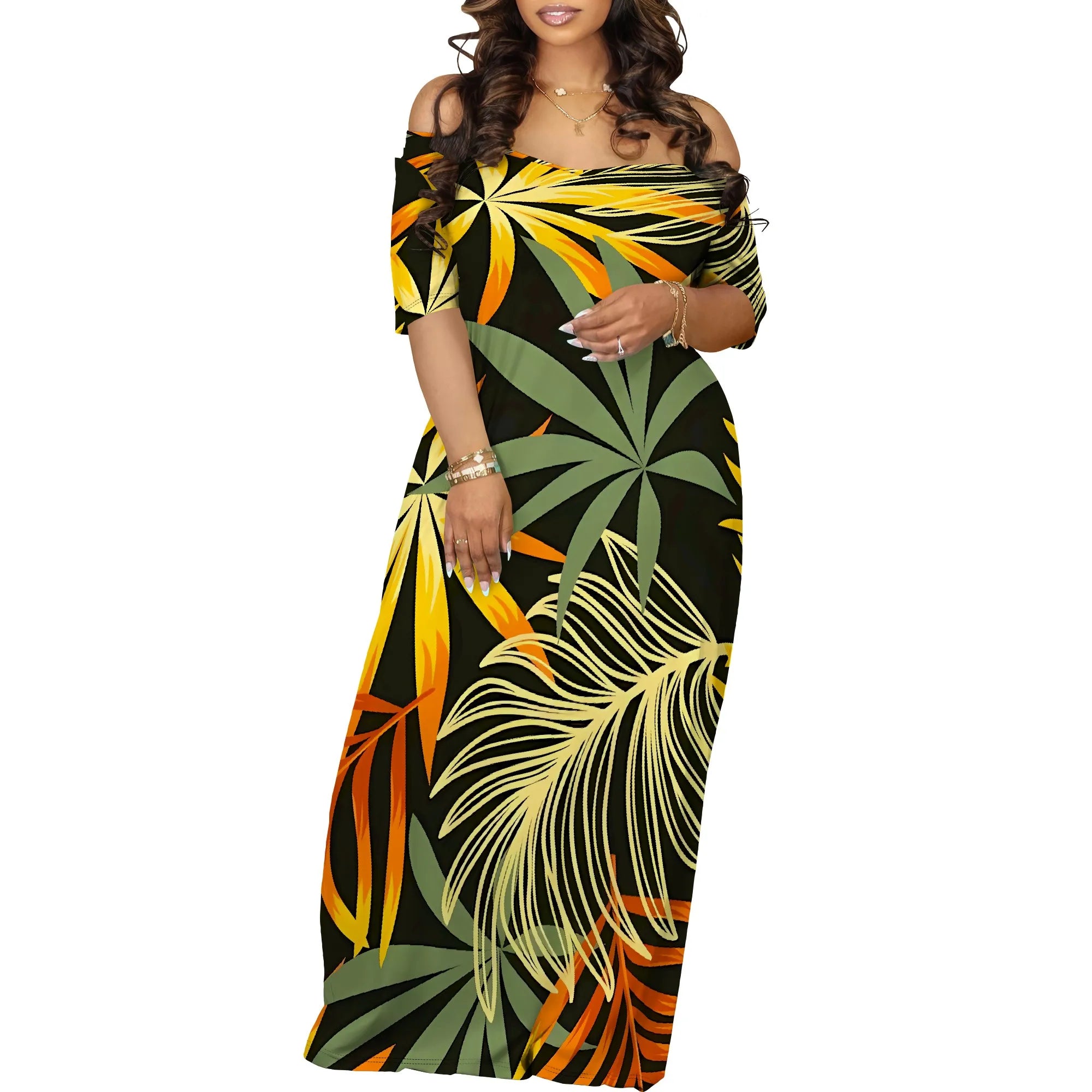 Summer Off Shoulder Maxi Dress Green Yellow Bold Leaf Print Women Holiday Beach Dress