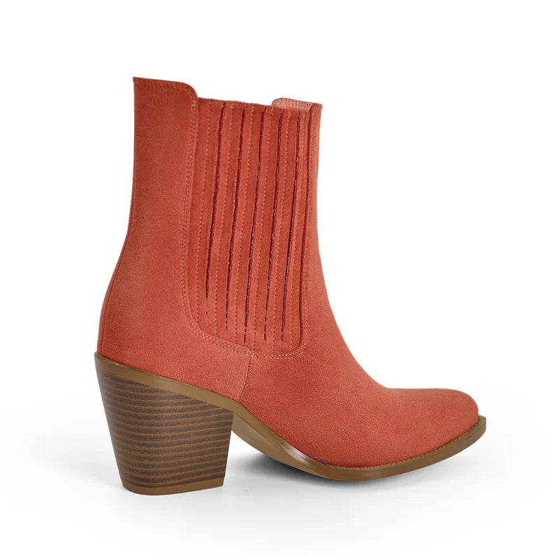 Pointed Toe  Pull-on Western Cowgirl  Boots  Chunky Heel Big Size Ankle Boots