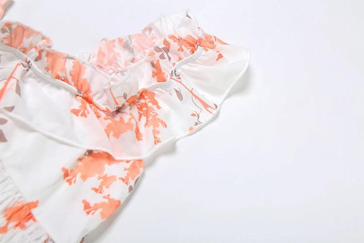 Vacation Thin Women Floral 2 Piece Set Elastic Ruffles Tank Tops + Peach Hip Skirts Matching Clubwear Romantic Outfits