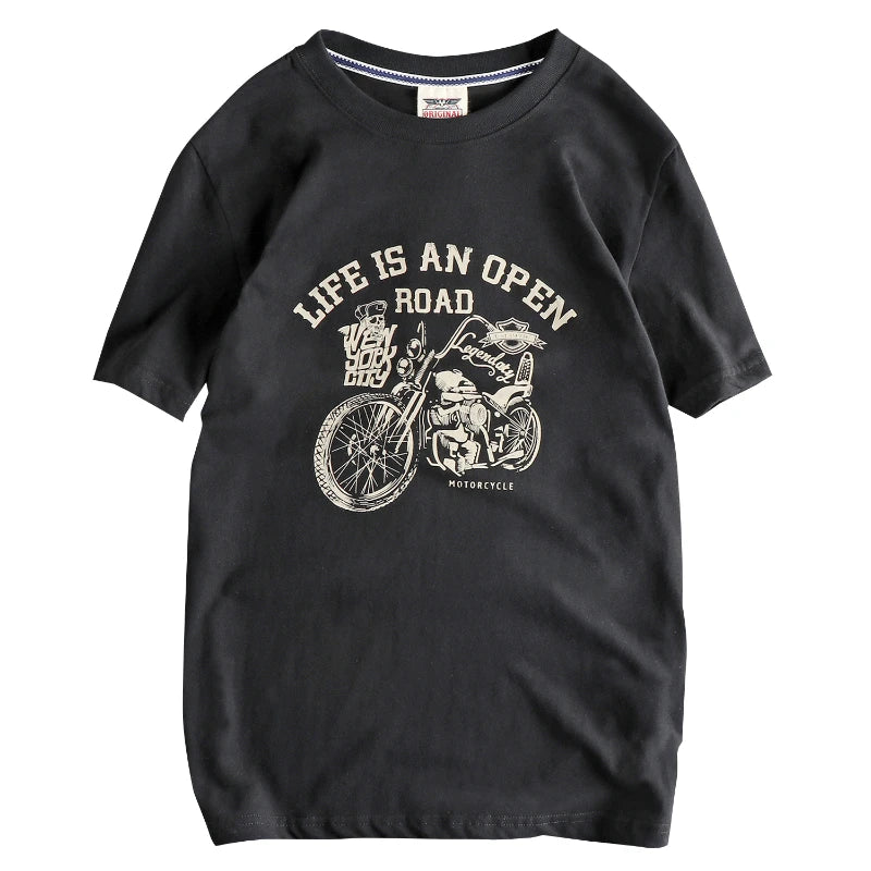 2025 Summer American Retro Short Sleeve O-neck Skeleton Motorcycle Printed T-shirt Men's Fashion 100% Cotton Washed Casual Tops