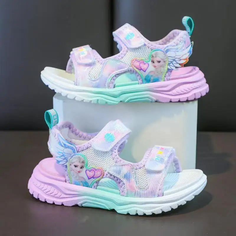 Disney Children Shoes Summer Elsa Girls Mesh Beach Sandals Fashion Frozen Princess Soft Bottom Light Peep Toe Sandals Size 26-36