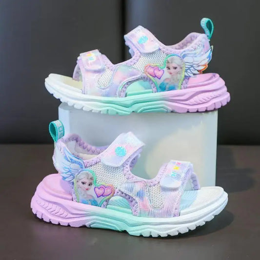 Disney Children Shoes Summer Elsa Girls Mesh Beach Sandals Fashion Frozen Princess Soft Bottom Light Peep Toe Sandals Size 26-36
