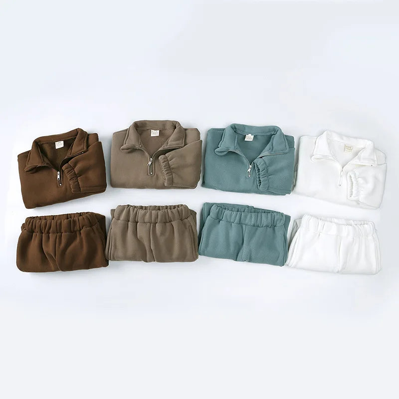 Baby Children's Fleece Lining Hoodies Set Spring Autumn Boys Sports Clothes 2PCS Girls Turtleneck Pullover Casual Suit 1-6Y Unisex