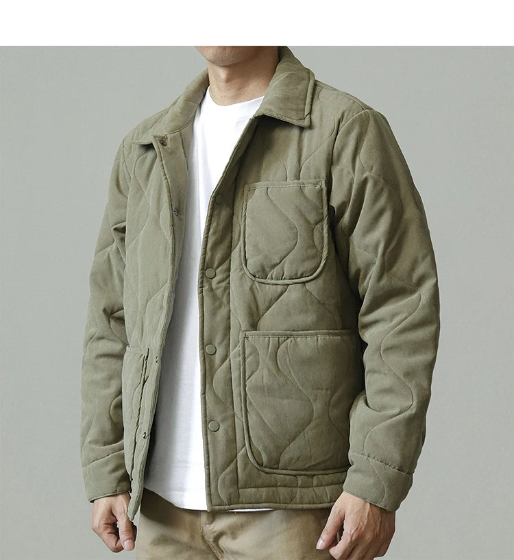 Winter New American Retro Langarm Revers Baumwolle gepolsterte Cargojacke Herren Einfacher dicker Innenliner Lässiger Mantel mit mehreren Taschen