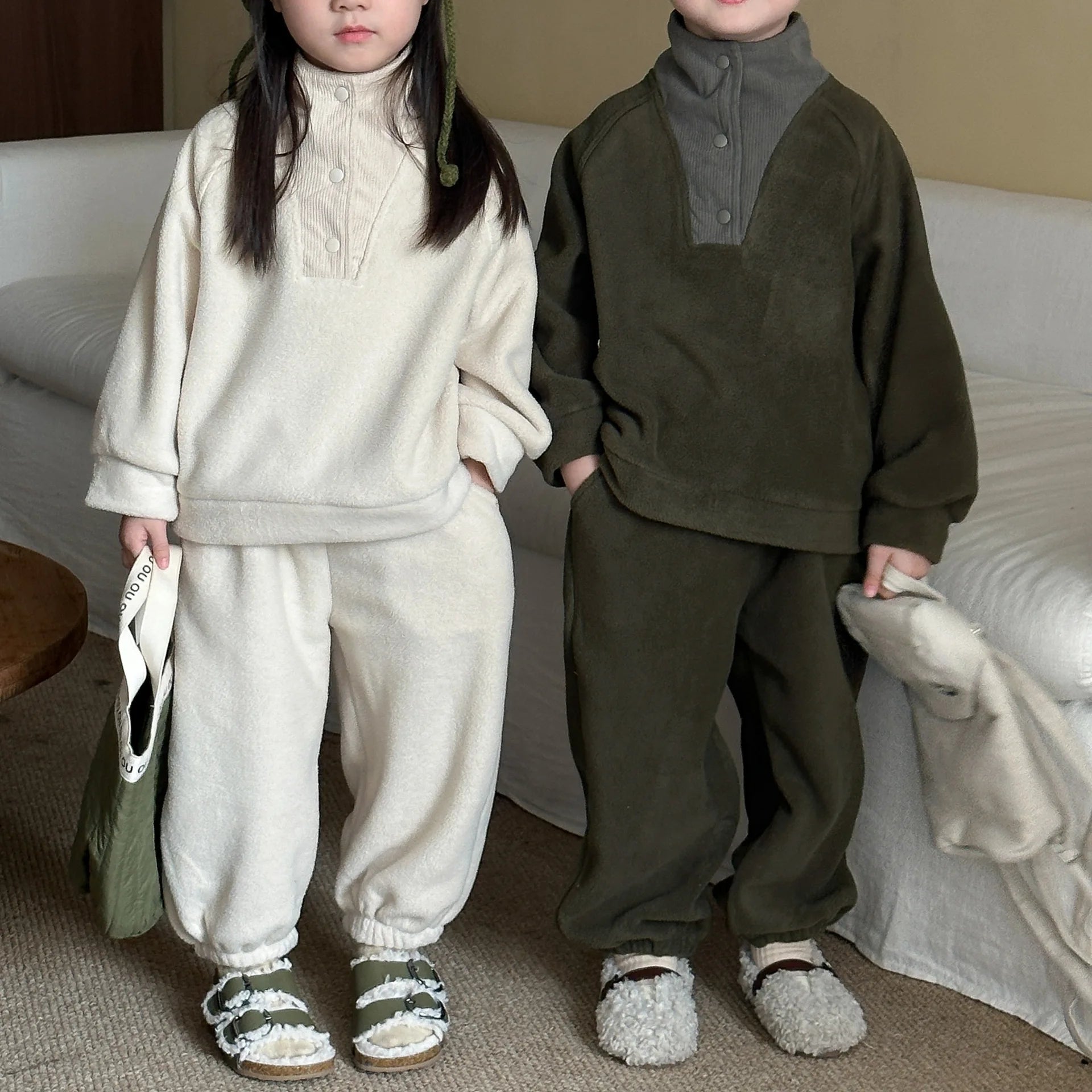 Unisex 2Pcs Autumn Winter Warm Clothing Set Fleece Hoodie and Pants Suit Turtleneck Double Fleece Kids Tracksuit