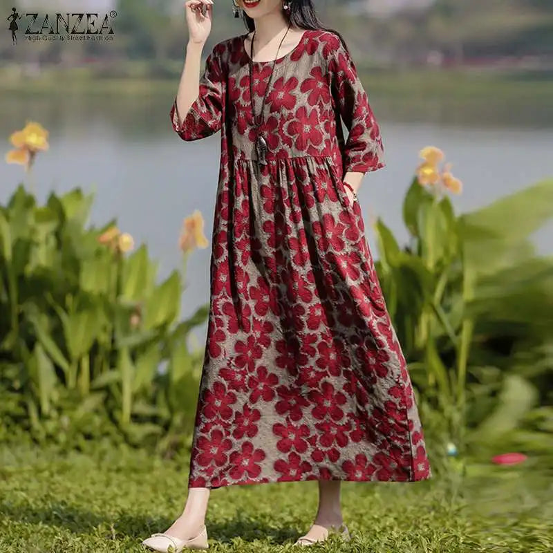 Bohemian Floral Printed Dress Autumn Long Sleeve O-Neck Maxi Robe Woman Casual Holiday Sundress Elegant Party Vestidos