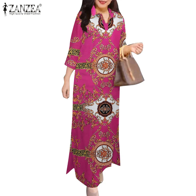 Fashion Slit Hem Shirtdress 3/4 Sleeve Women Vintage Casual Maxi Dress Autumn Baroque Print Lapel Neck Long Vestidos