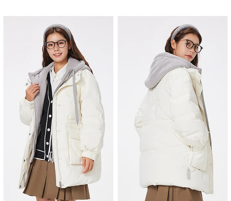 Women's Faux Two-Piece Mid-Length Puffer Jacket With Cosy Polar Fleece Lining, Hooded Warmth Loose Duck Down Coats For Ladies