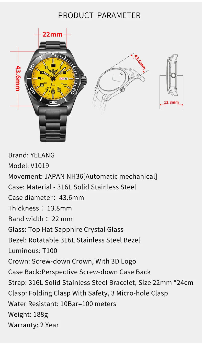Yelang V1019 44MM Men's Mechanical Automatic Watch NH36 Movement 300M Waterproof Sapphire Lens 10BAR Deep Diving Stainless Steel Watch