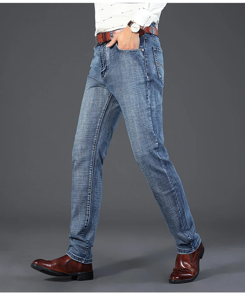 New Business Men's Jeans Casual Straight Stretch Fashion Classic Blue Black Work Denim Trousers Male Brand Clothing