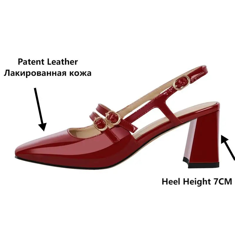 Women Square Toe Red Patent Leather Straps Chunky Heel Slingback Sandals Chunky Heel Sandals