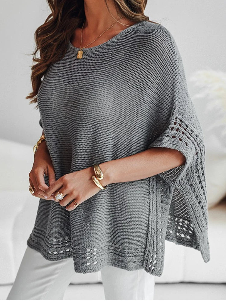 Solid Batwing Sleeve Hollow-out Top Pullovers Casual Cover Up