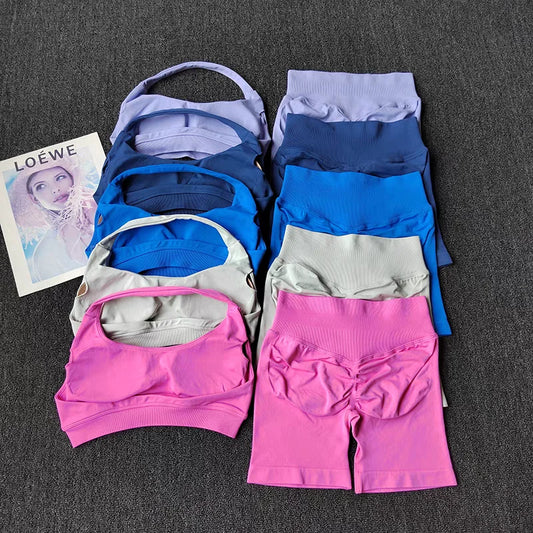 2-delige yogapak voor vrouwen Naadloze fitnesskleding Halter sportbeha Bijpassende impact shorts Trainingssets Gymset Outfit