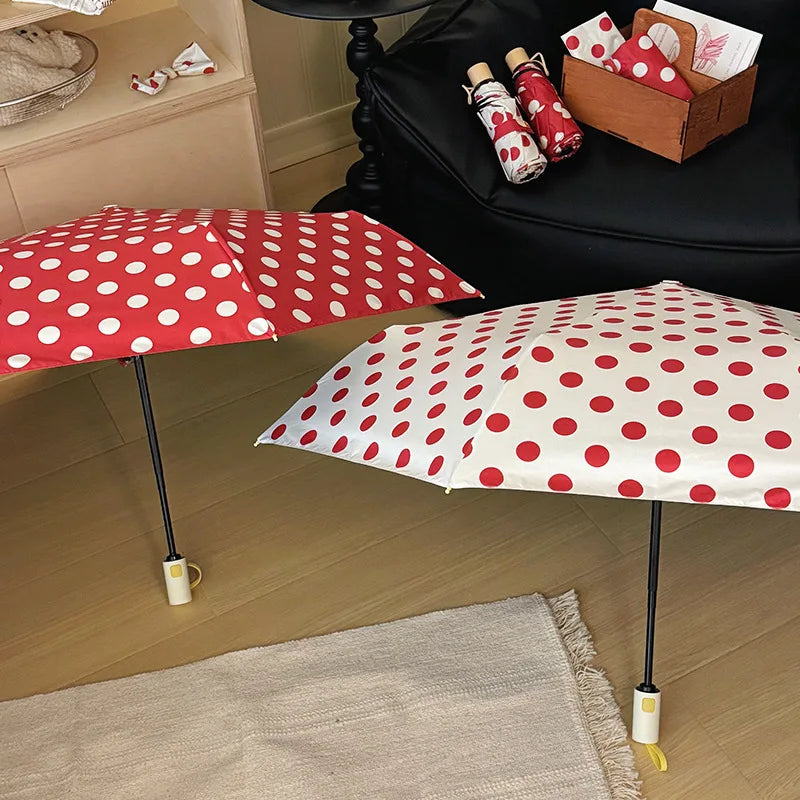 Large Polka Dots AutoOpen/Close Women’s Retro Aesthetic 2-in-1 Umbrella - UPF 50+ Protection 3-Fold Compact, Windproof & Stylish