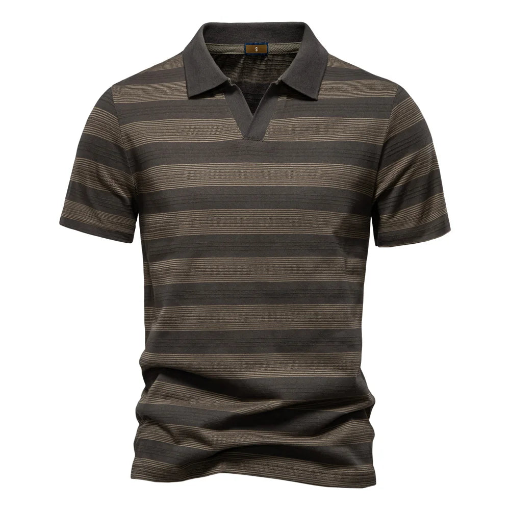 2025 New Summer Striped V Neck Cotton Polo Shirts for Men Breathable Short Sleeve Casual Knit Shirts Comfort Fit