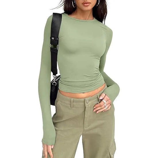 Fashion Senior Women's Long Sleeve Crew Neck Solid Slim Fit T-shirt Crop Top Ladies Daily Streetwear Casual Tee