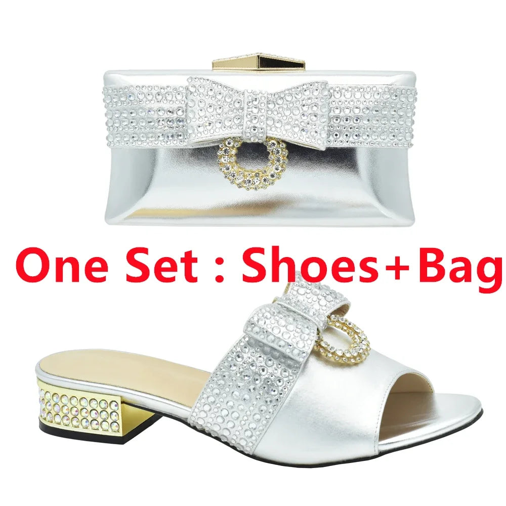 Italian Ladies Shoes and Bags To Match Set Decorated with Rhinestone Sling Backs Low (1cm-3cm) Luxury Shoes Women Designers