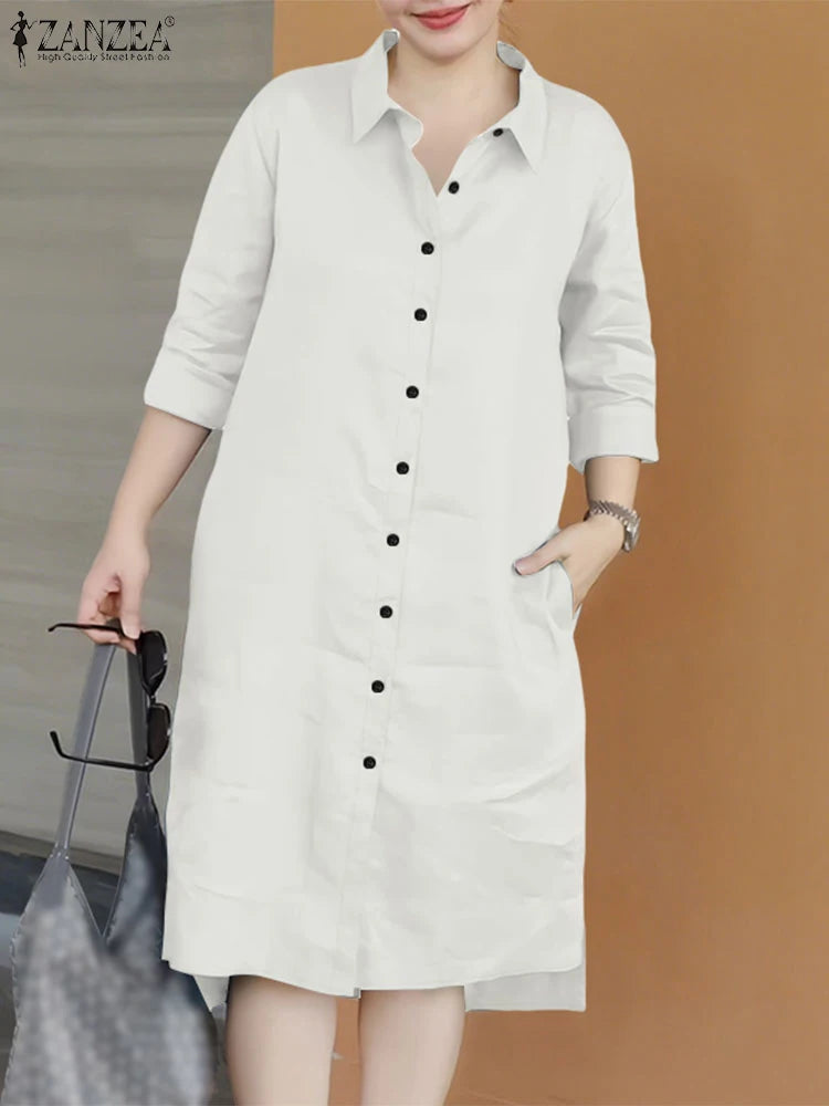 2025 Fashion Autumn Shirt Dress Women Lapel Neck 3/4 Sleeve Sundress Casual Loose OL Work Dresses Button Midi Robe Kaftan