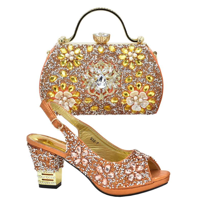 Italian Women Wedding Shoes and Bag Set Decorated with Rhinestone Africa Shoe and Bag Set Plus Size Heels 43 Wedding Shoes Bride
