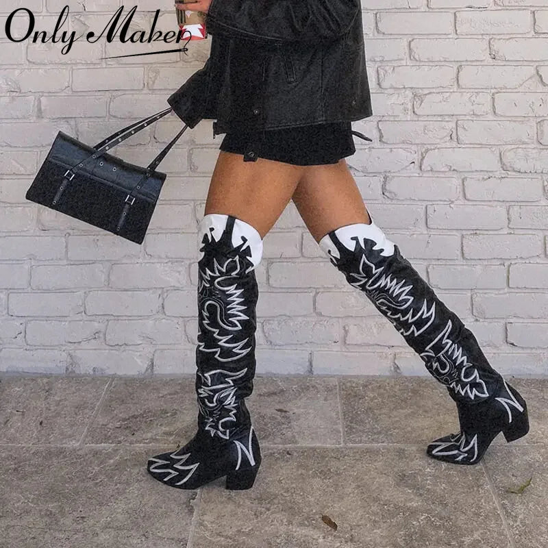 Woman Knee High Boots Western Cowboy Boots Wide Calf Embroidered Women Pointed Toe Block Heel Pull-On Cowgirl Boots