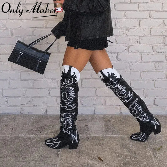 Woman Knee High Boots Western Cowboy Boots Wide Calf Embroidered Women Pointed Toe Block Heel Pull-On Cowgirl Boots
