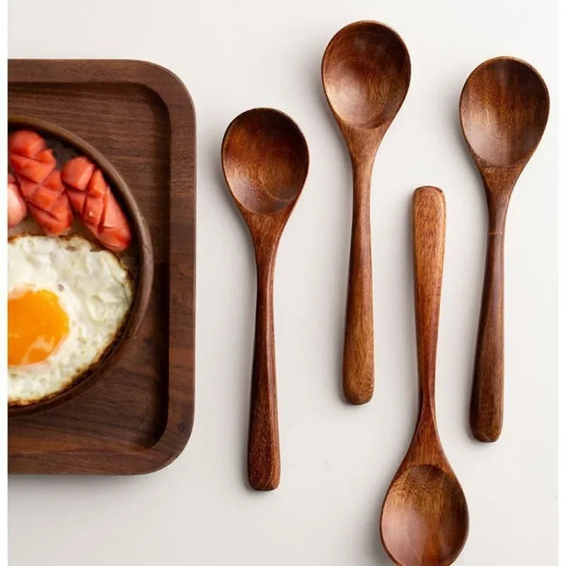 1/10Pcs Wood Soup Spoons Long Handle Coffee Milk Teaspoon Sugar Spice Condiment Scoops Kitchen Tableware Tools Wooden Spoon