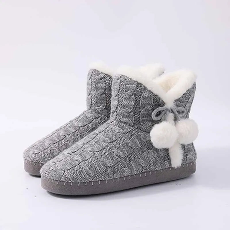Women's Winter Warm Plush Boots Suitable For Outdoor and Indoor Use With Soft Sole Non-Slip Knit Furry Snow Shoes Cosy Cotton
