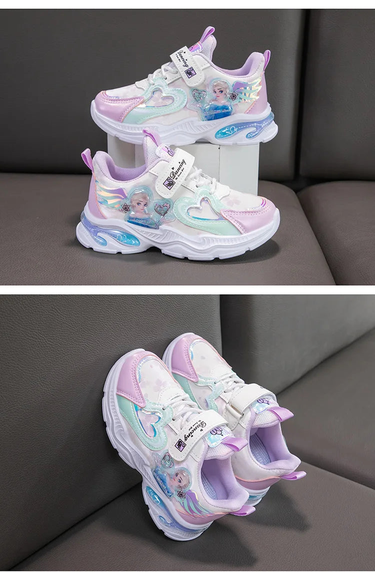 Girls' Casual Shoes Frozen Princess Elsa Sneakers Mesh Leather White Breathable Sole Children's Sport Shoes Size 26-37