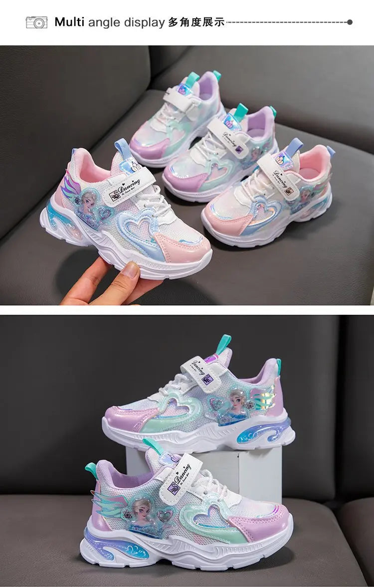 Girls' Casual Shoes Frozen Princess Elsa Sneakers Mesh Leather White Breathable Sole Children's Sport Shoes Size 26-37