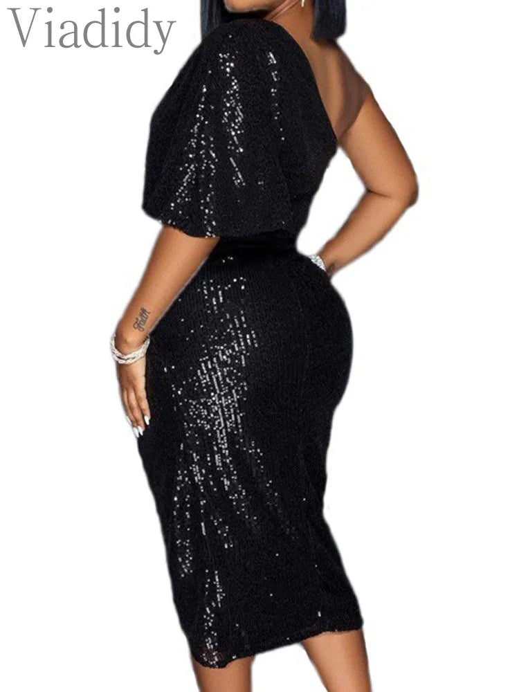 One Shoulder Short Sleeve Sequined Wrap Dress