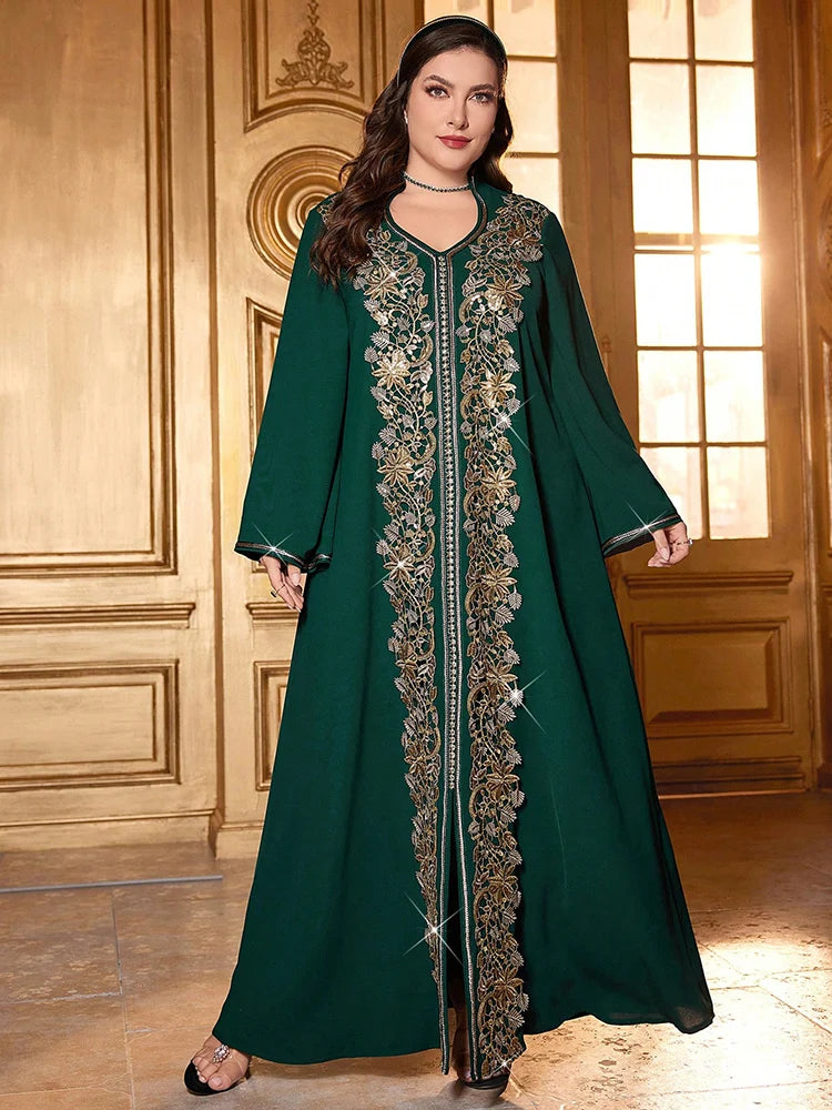 Women's Plus Size Sequin Embroidered Woven Belt Split Hem Dresses Luxury Elegant Arabian Formal Party Evening Dresses