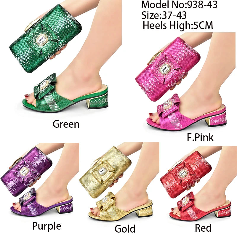 Italian Women Elegant Low Heel Shoes and Bag Set Decorated with Rhinestone for Ladies' Wedding Bride Shoes