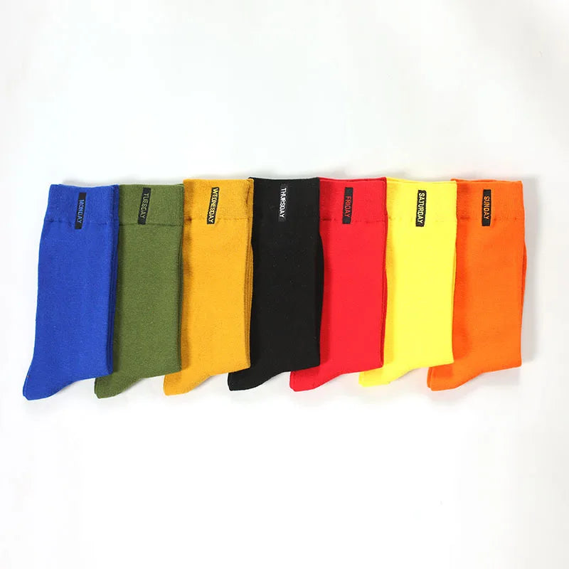 7 Pairs New Men's Coloured Cotton High Quality Solid Colour Business Casual Week Long Socks
