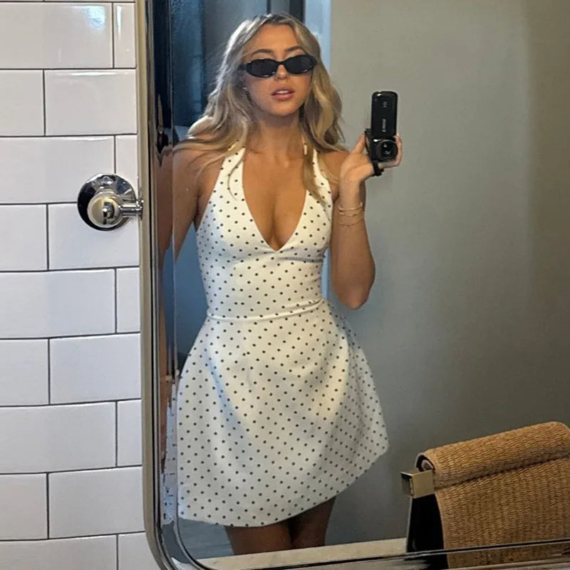 Polka Dot Printed Halter Dress Women's Sexy V neck Backless Mini Dress High Waist Bodycon Summer Fashion Vacation Dress