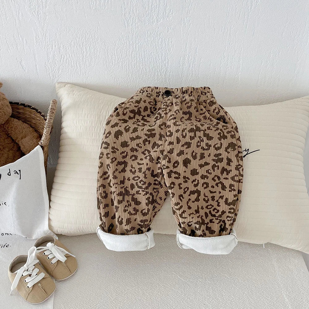 Autumn Kids Baby Pants Thickened Fleece Lining Floral Girls Trousers Warm Fashion Leopard Print Boys Pants Outwear 1-5Y Unisex