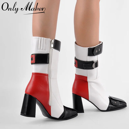 Square Toe Patchwork  Buckle Belt Ankle Boots Fashion Side Zipper Boots