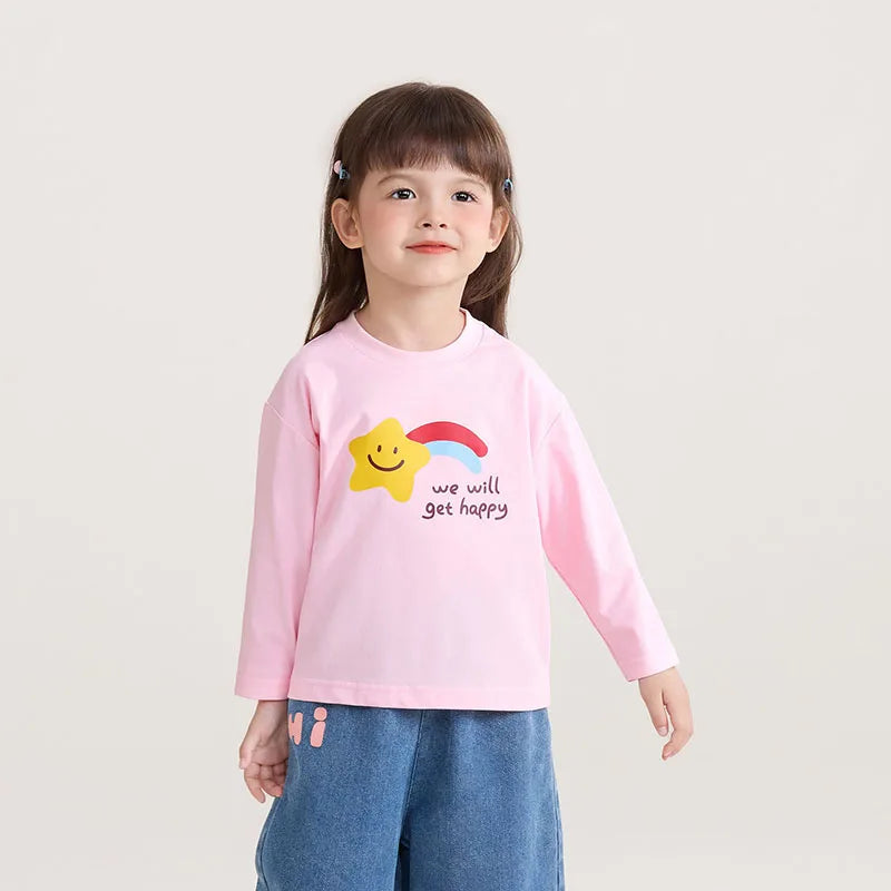 New Spring Girls Boys Cute T-shirt Kids Cartoon Letter Star Flower Undershirts Children Thin Style Bottoming Shirt 7T Unisex