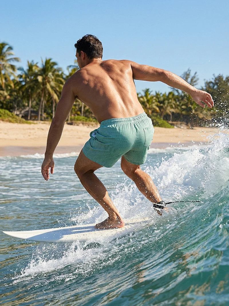 Men’s Quick-Dry Striped Swim Shorts – Beach Board Shorts with Mesh Liner & Pockets for Summer Swimwear