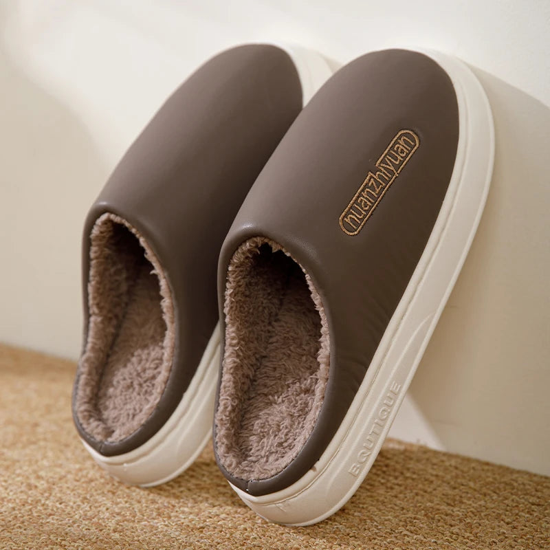 Unisex Anti-slip Waterproof Winter Cotton Slippers Women Men Home Indoor Warm House Shoes Couple Soft Flat PVC Sole Footwear