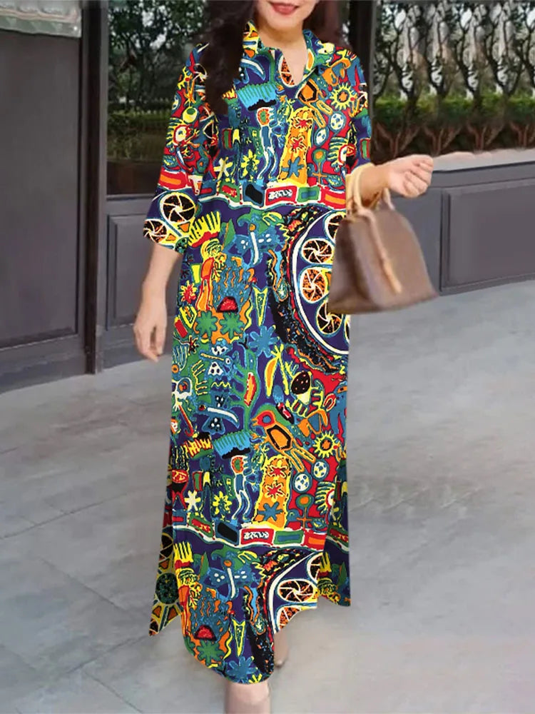 Women 3/4 Sleeve Long Dresses Autumn Fashion Lapel Neck Cotton Shirtdress Vintage Floral Print Maxi Shirt Dress