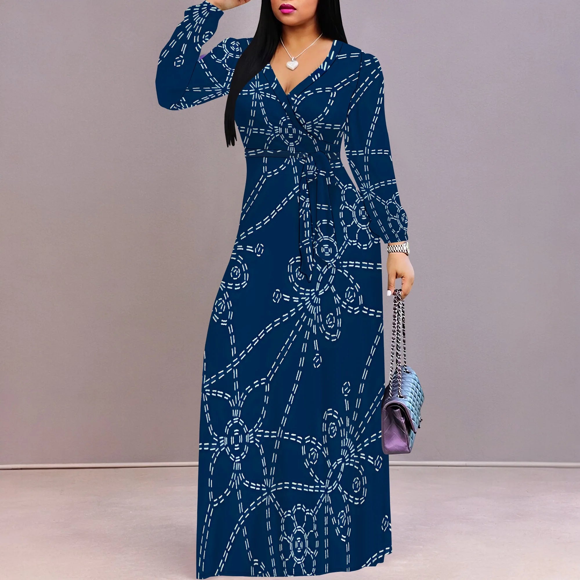 Elegant V-Neck Long Sleeve Geometric Print Maxi Dress for Women Autumn Vacation Style