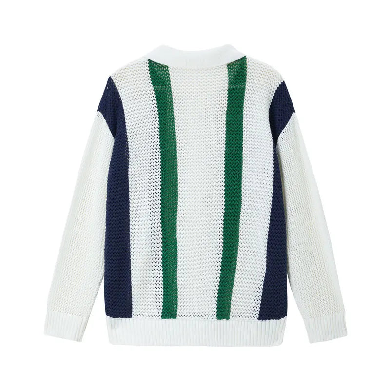 Men's Autumn/Winter Colour-Block Striped Polo Collar Knitted  High Quality Hollow Out Cardigan With 60% Cotton
