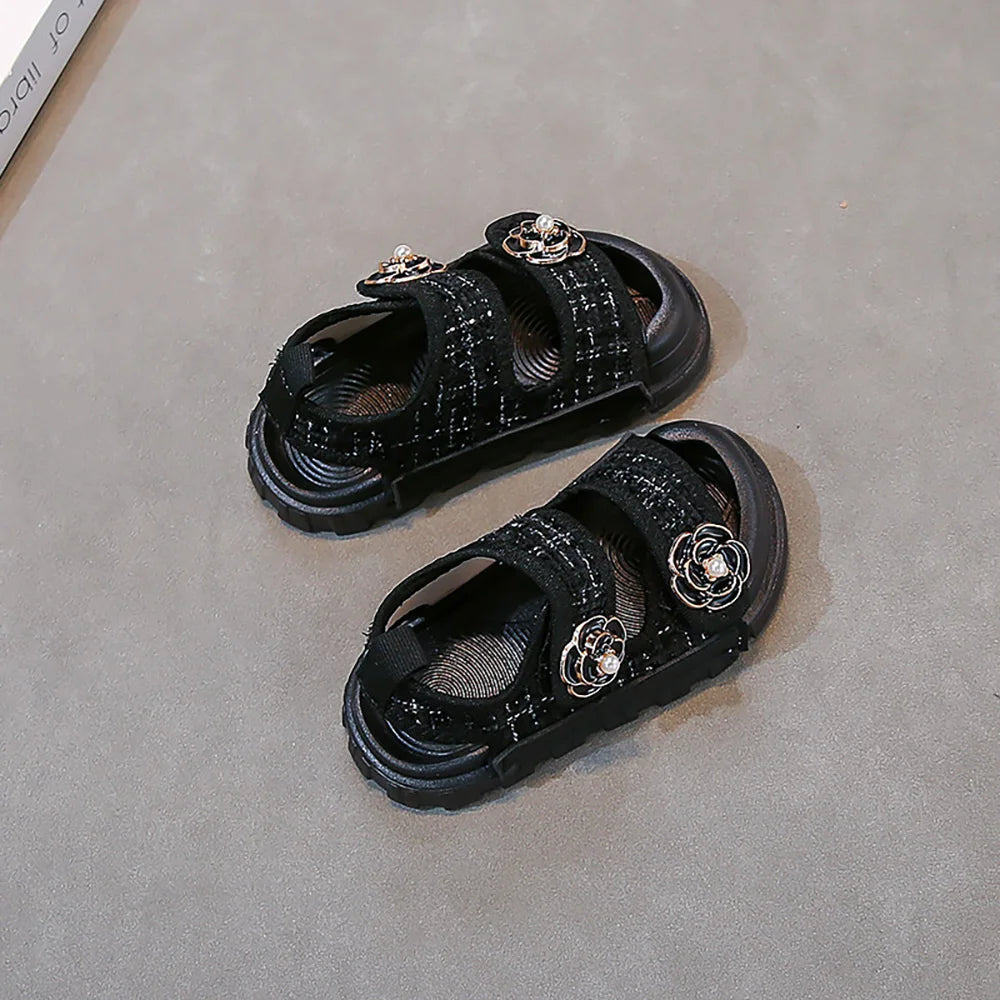 Korean Style Summer Sandals For Girls Luxury Pearl Flower Children's Beach Shoes Ergonomics Soft-soled Kid's Girl Sandals