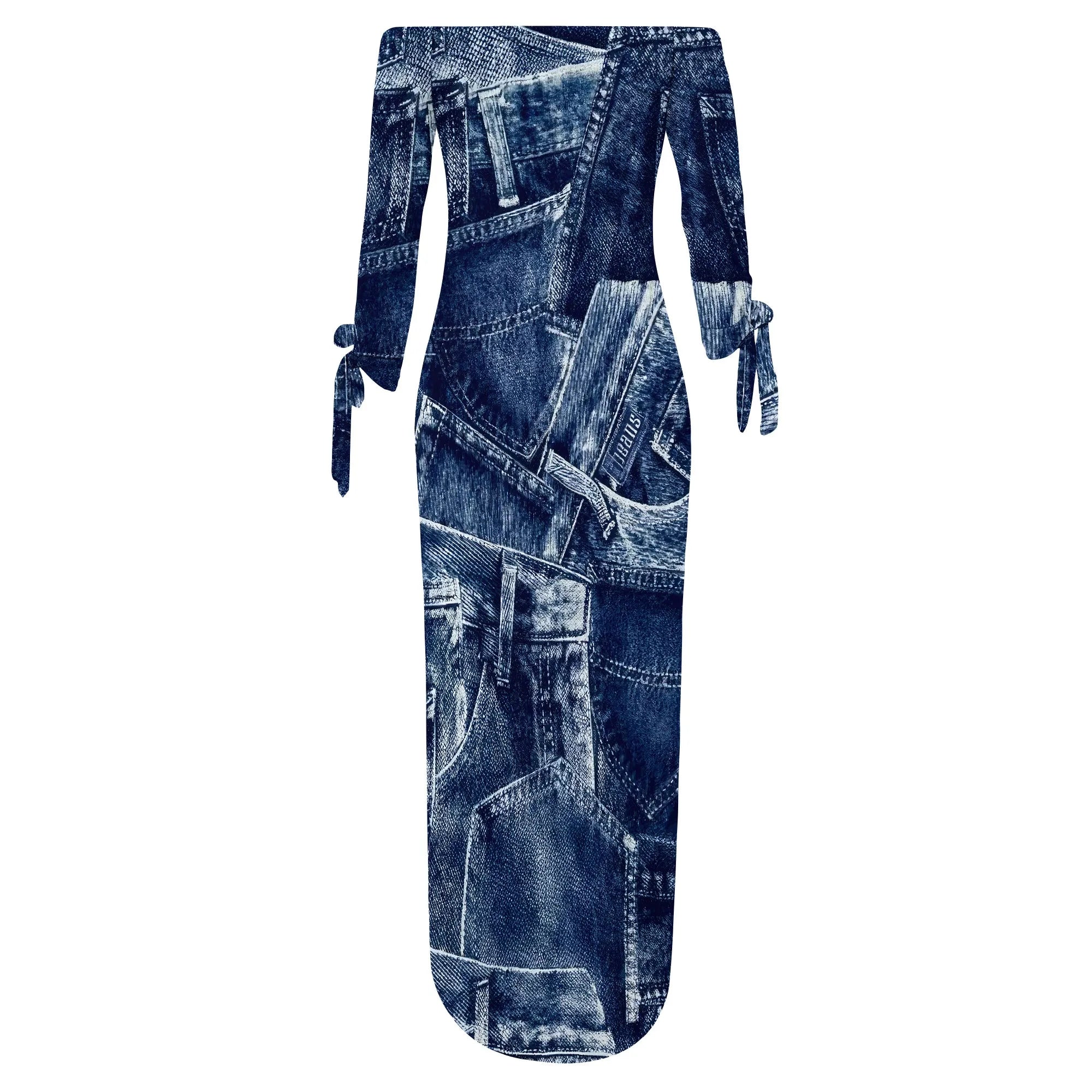 Denim Retro Print Long Sleeve Slim Fit Elegant Casual Slit One-Shoulder Neck Dress