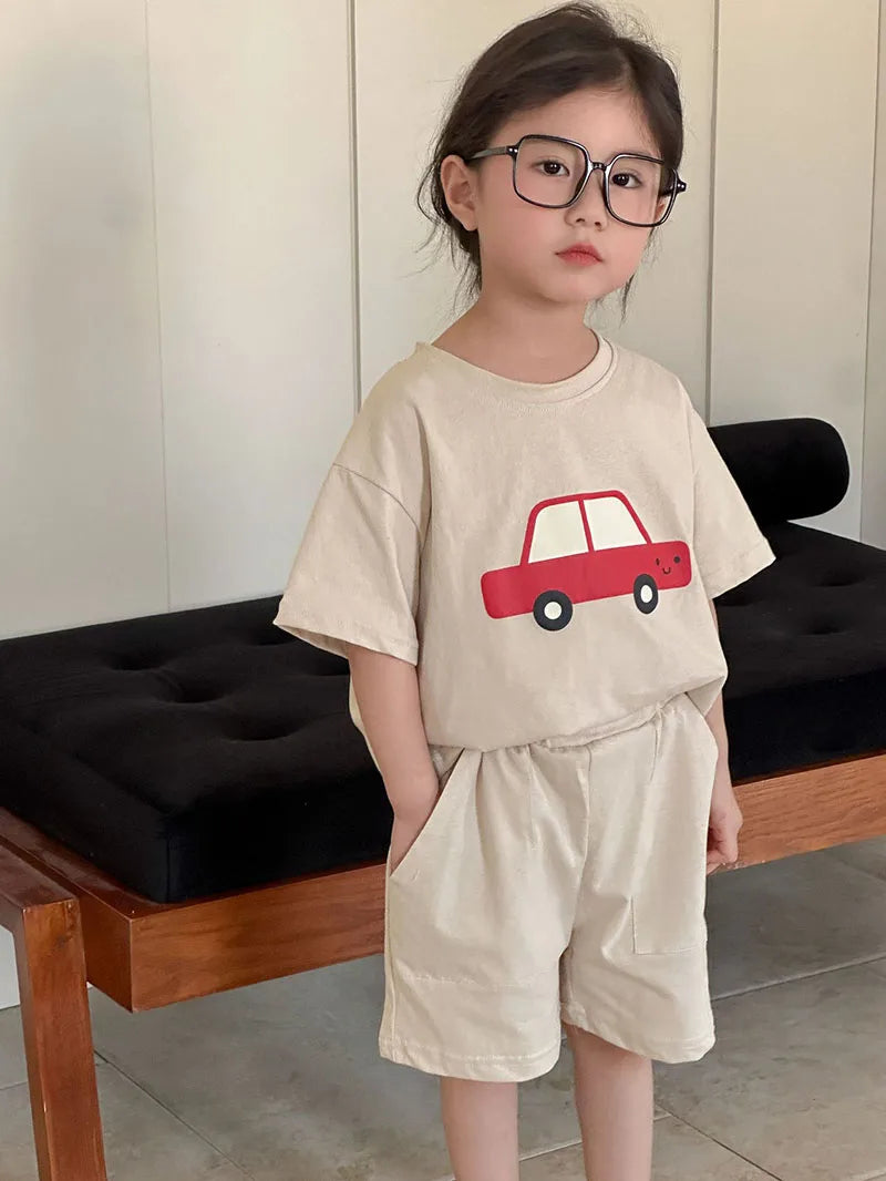 New Summer Kids Clothes Suit Children Cute Cartoon Car T-shirt + Shorts Boys Thin Style 2PCS Outfit 1-4Y Unisex
