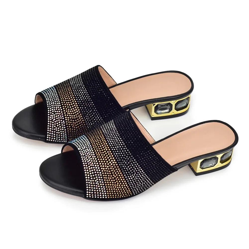 Women's Luxury Rhinestone Crystal Pumps 2024 New Fashion Slippers Sandals Party Low Heels Elegant Italian Women Shoes