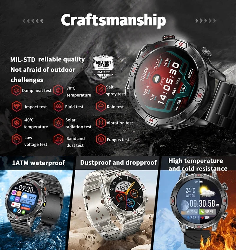 Outdoor Military Smart Watch Men Compass GPS Track Bluetooth Call IP68 Waterproof AMOLED Screen Smartwatch Compatible with Android IOS