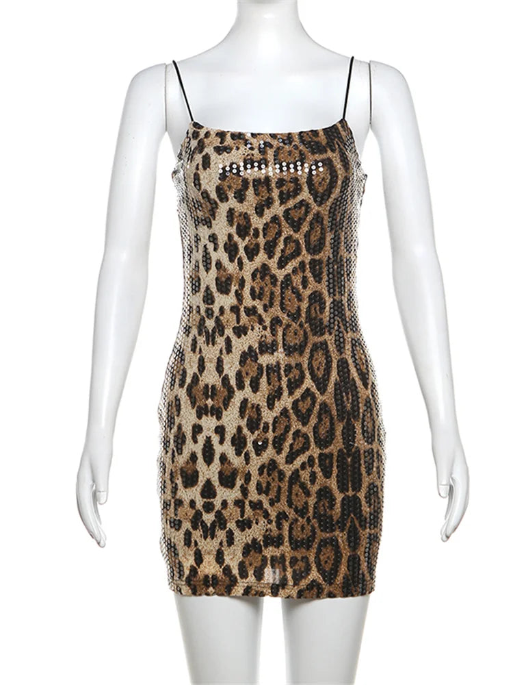 Shine Sequins Dress Women Leopard Print Hipster Backless Skinny Midnight Club Party Sexy Coquette Classic Mini Bodycon