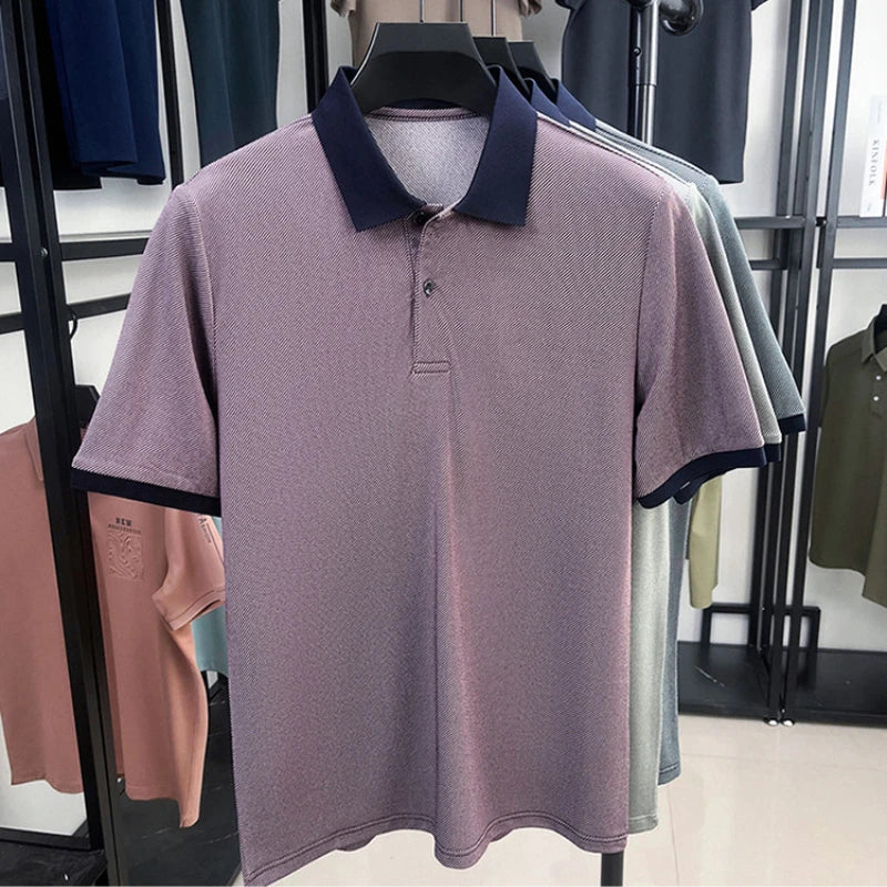 Men’s Breathable Polo Shirt – Stretch Fabric & Striped Design for Office/Casual Use Elastic Comfort and Classic Collar M-4XL